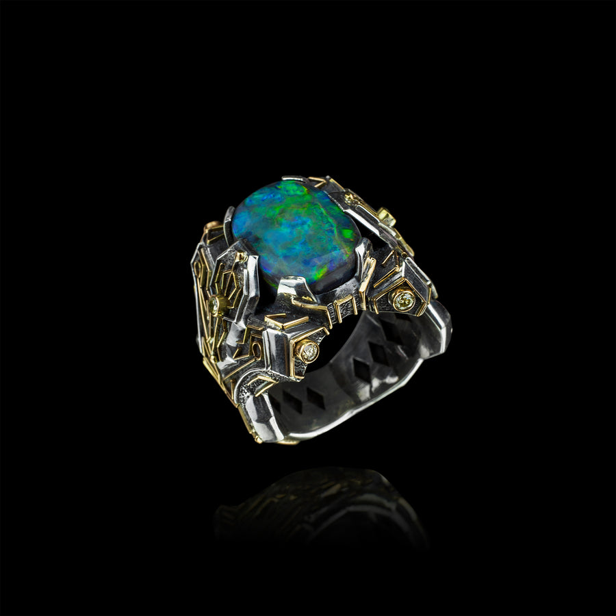 COSMOS 21k Gold Diamonds Black Opal Ring