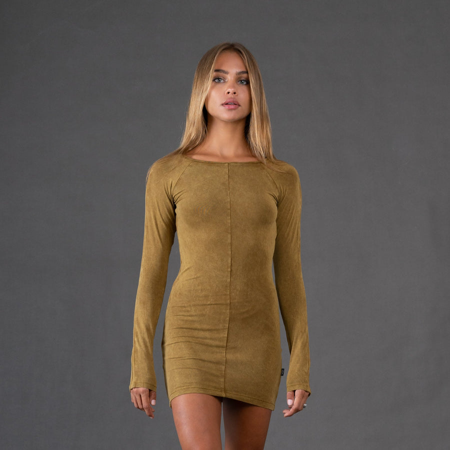 CIRCE Washed Gold Long Sleeve Mini Dress