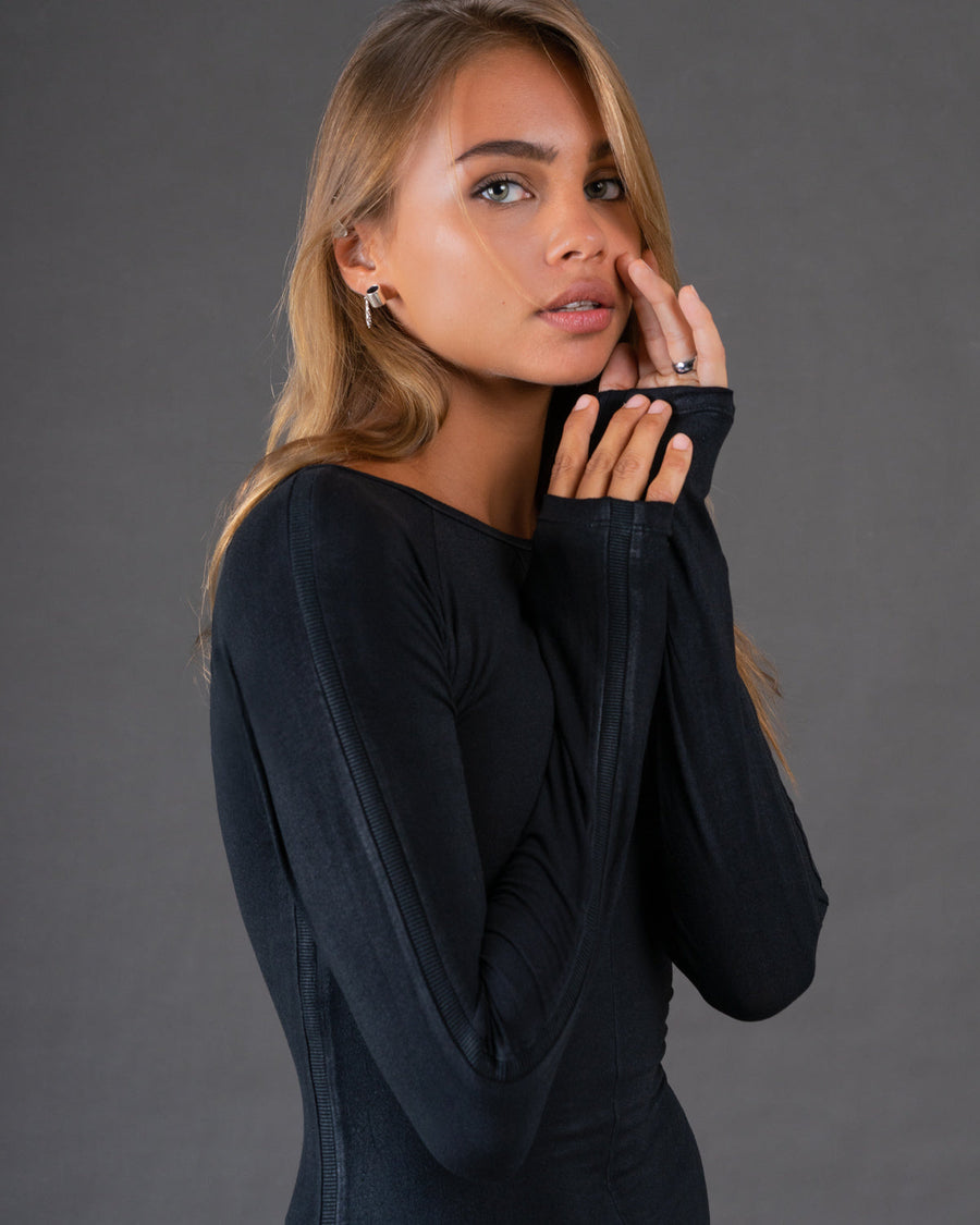 CIRCE Waxed Black Long Sleeve Mini Dress