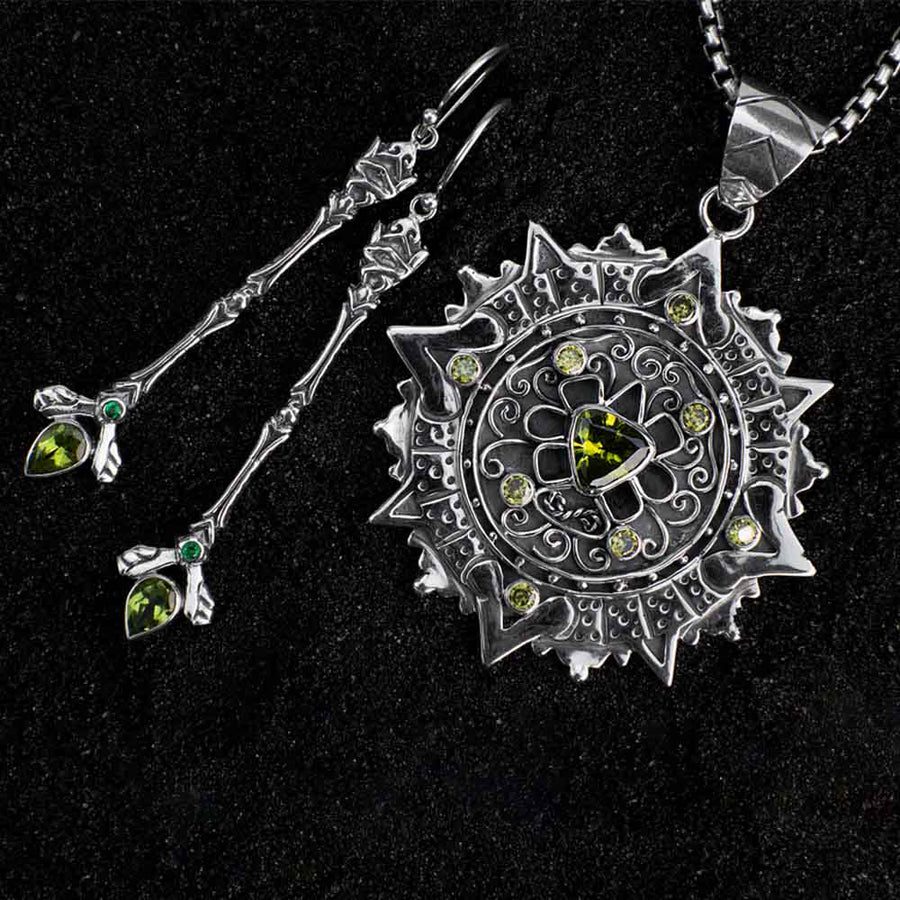 MAYA CALENDAR 925 Peridot Sapphires Necklace and Earrings